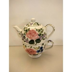 Hand Painted Mariam's Garden Tabletops Stacked Floral Teapot And Teacup